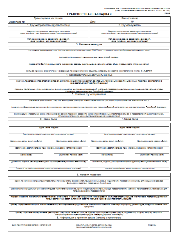 Транспортная накладная в 2025 году