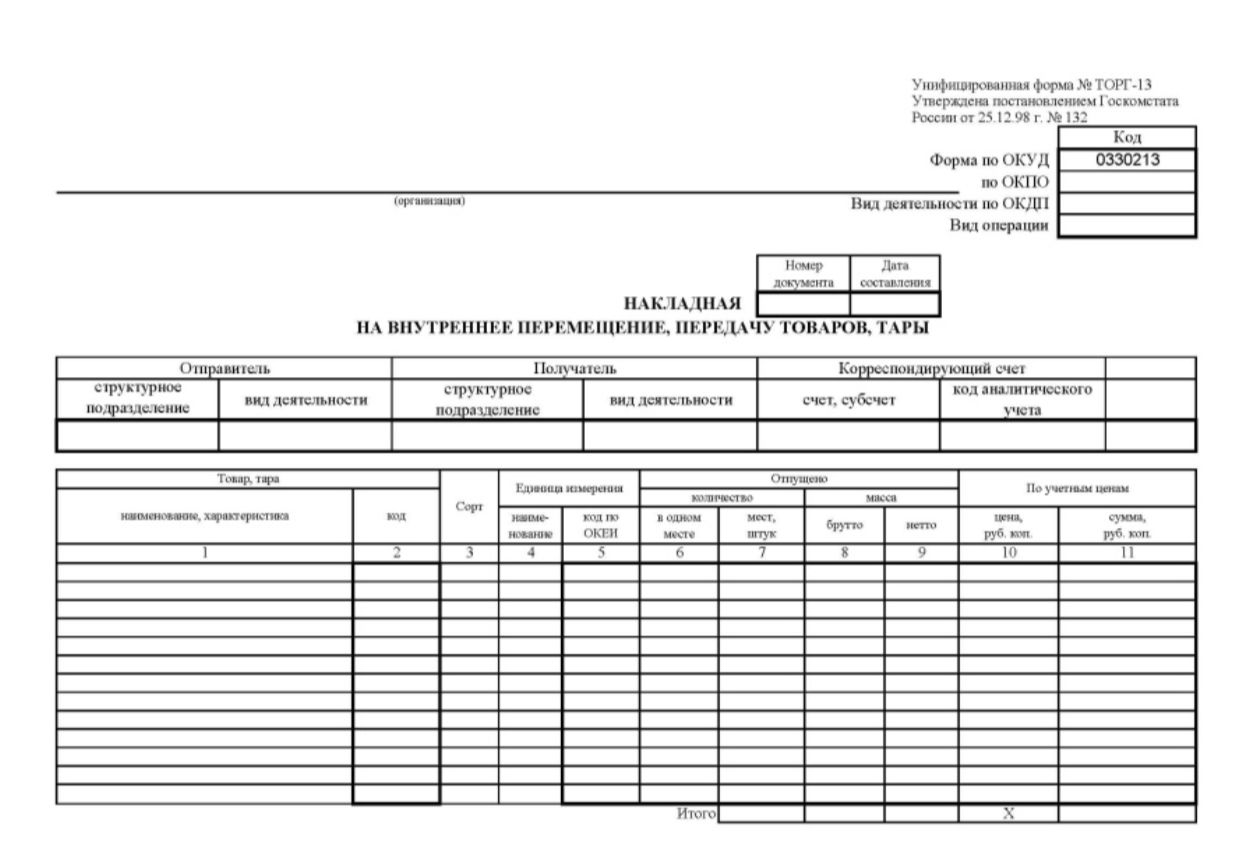 Форма ТОРГ-13: накладная на внутреннее перемещение, передачу товаров, тары