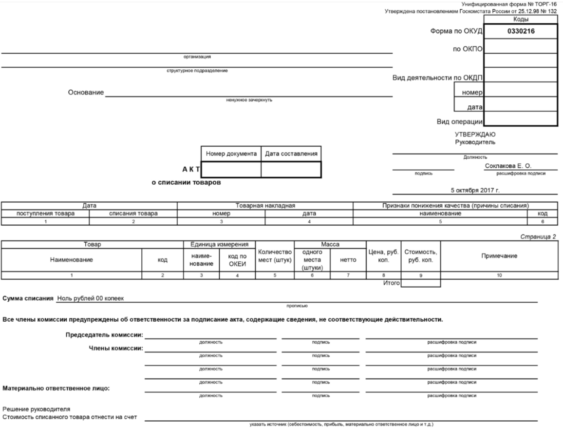 Акт о списании товаров (форма ТОРГ-16)
