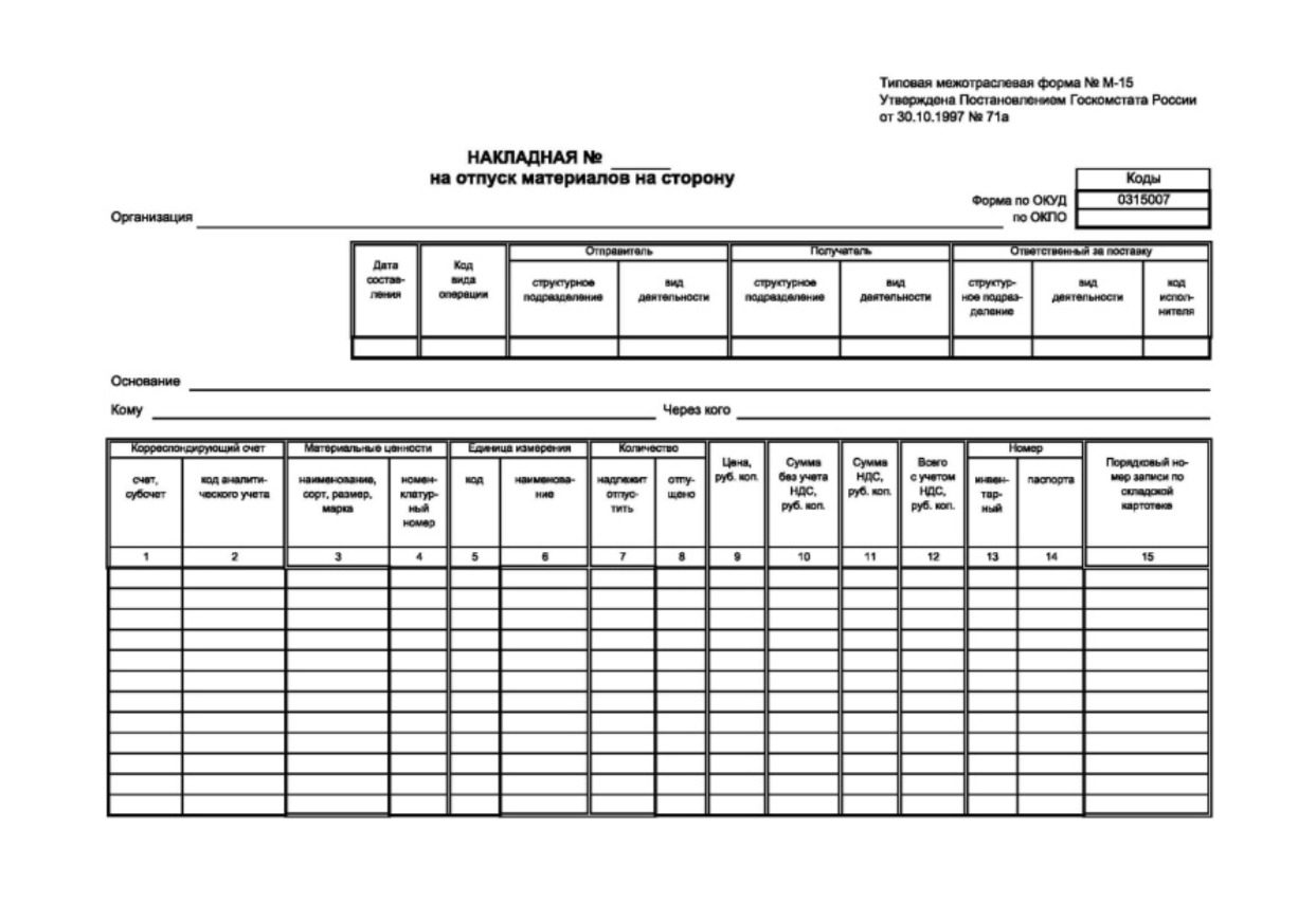 Накладная М-15 на отпуск материалов на сторону