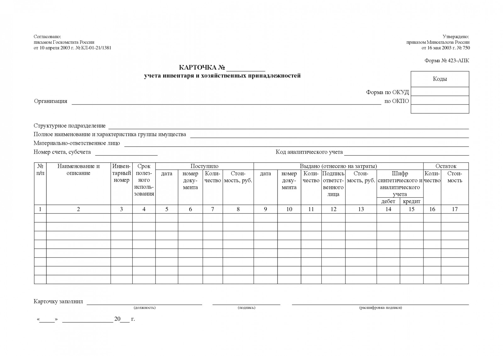 Карточка учета мягкого инвентаря